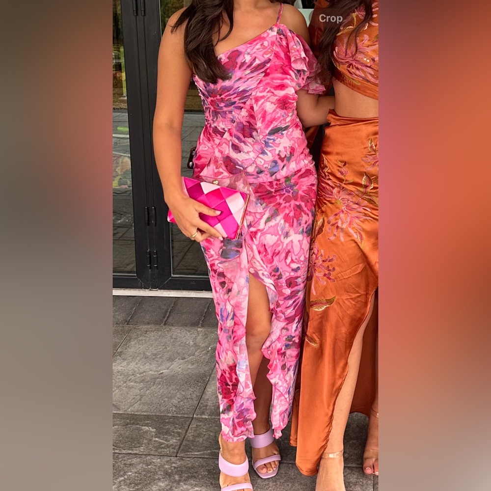 Zara one shoulder asymmetrical ruffled print pink tie dye dress with slit